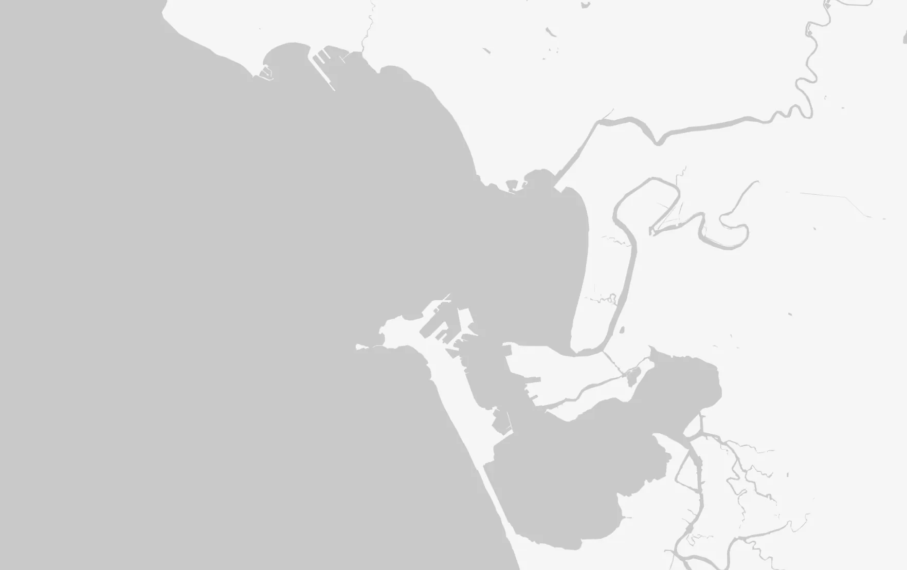 Map of a tidal coastline with estuaries and sandbanks