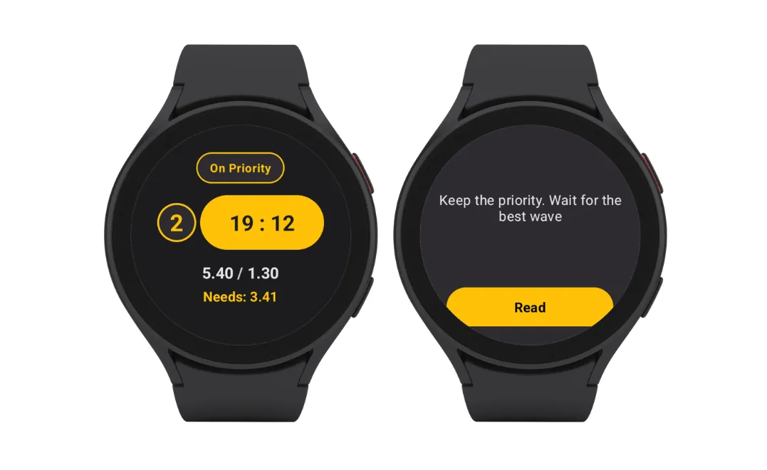 Prosurfingtools watch app showing live scores, priority and heat position during a competition training