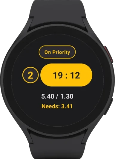 Watch screen showing priority position 2, 19:12 left, scores 5.40 and 1.30, and needs 3.41